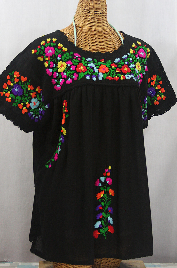 "Lijera Libre" Plus Size Embroidered Mexican Blouse - Black + Rainbow + Black Trim