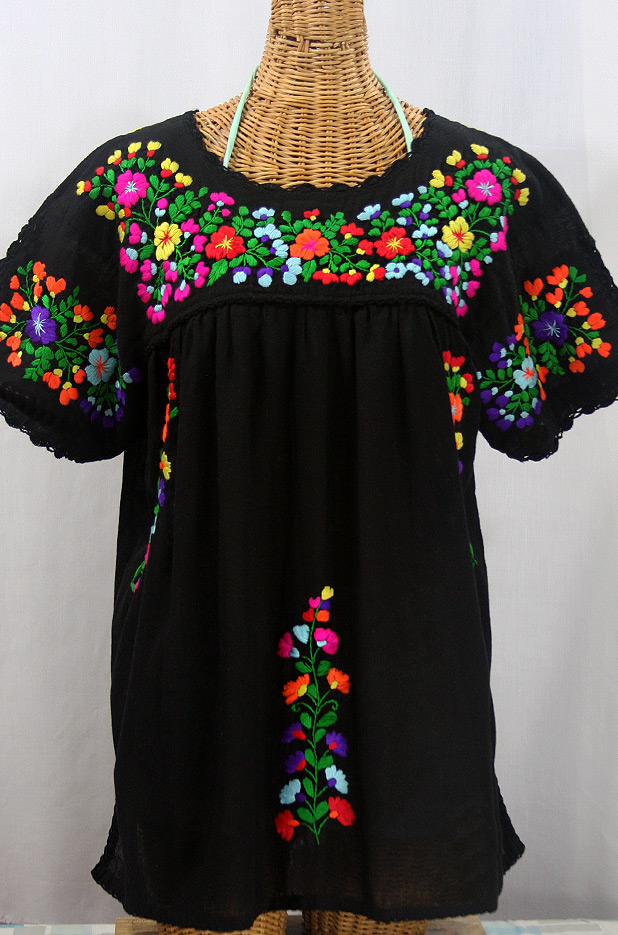 "Lijera Libre" Plus Size Embroidered Mexican Blouse - Black + Rainbow + Black Trim