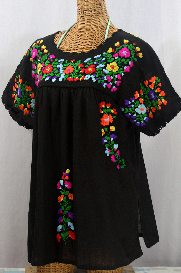 "Lijera Libre" Plus Size Embroidered Mexican Blouse - Black + Rainbow + Black Trim