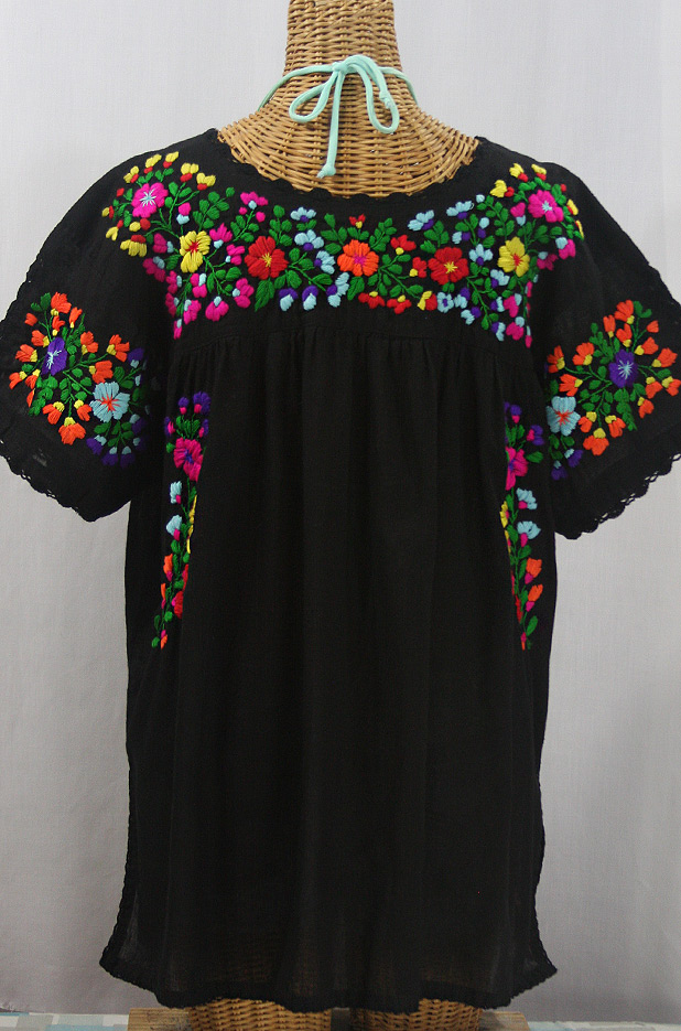 "Lijera Libre" Plus Size Embroidered Mexican Blouse - Black + Rainbow + Black Trim