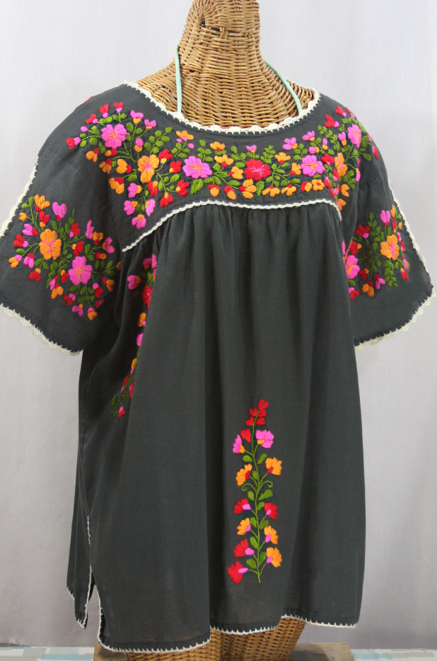 "Lijera Libre" Plus Size Embroidered Mexican Blouse - Charcoal + Bright Multi