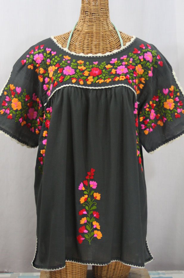 "Lijera Libre" Plus Size Embroidered Mexican Blouse - Charcoal + Bright Multi