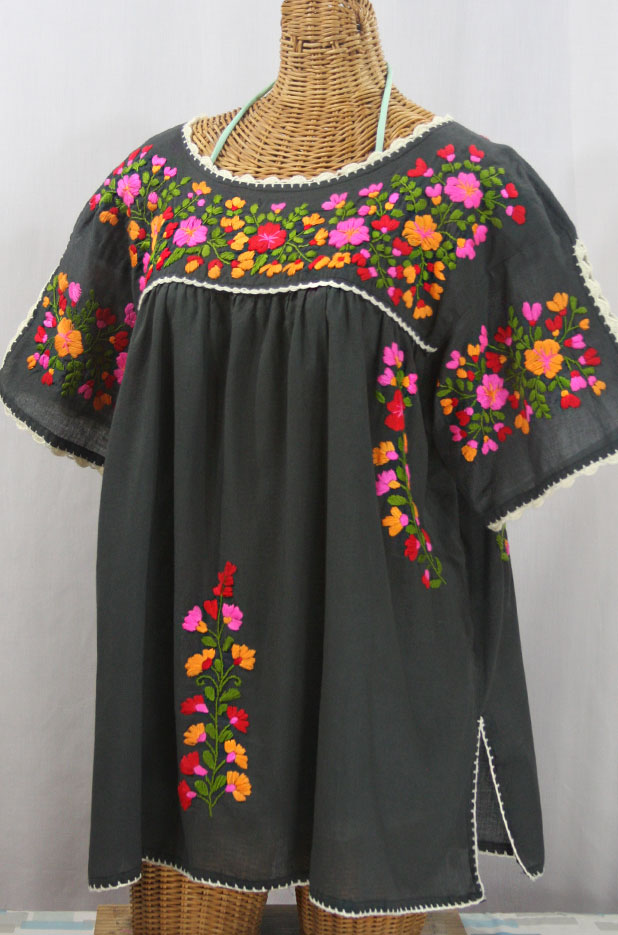 "Lijera Libre" Plus Size Embroidered Mexican Blouse - Charcoal + Bright Multi