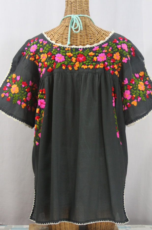 "Lijera Libre" Plus Size Embroidered Mexican Blouse - Charcoal + Bright Multi