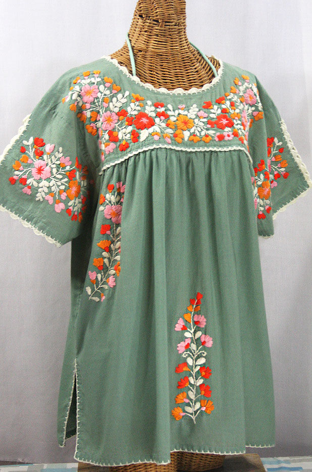 "Lijera Libre" Plus Size Embroidered Mexican Blouse - Sage Green + Orange Mix