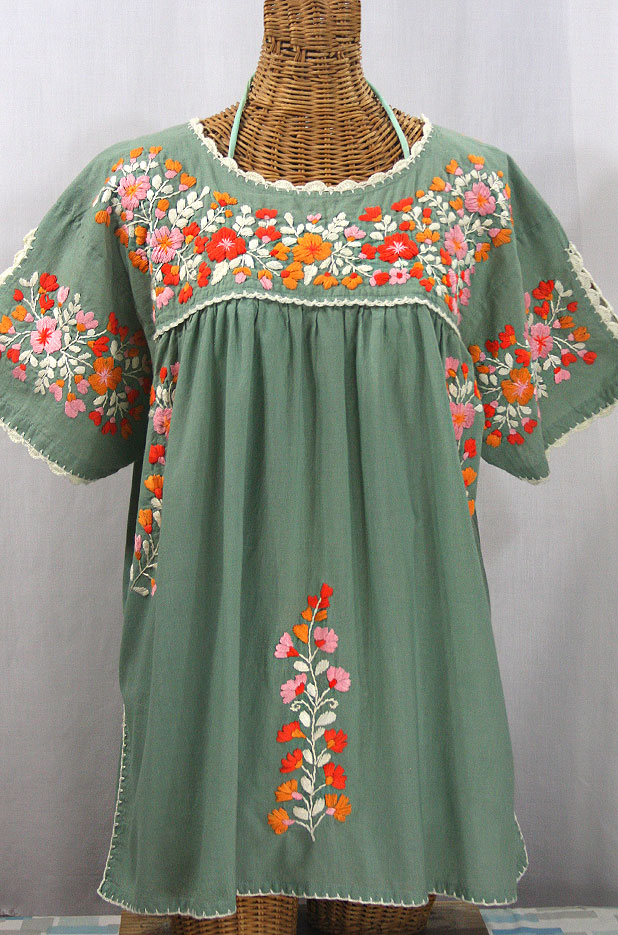 "Lijera Libre" Plus Size Embroidered Mexican Blouse - Sage Green + Orange Mix