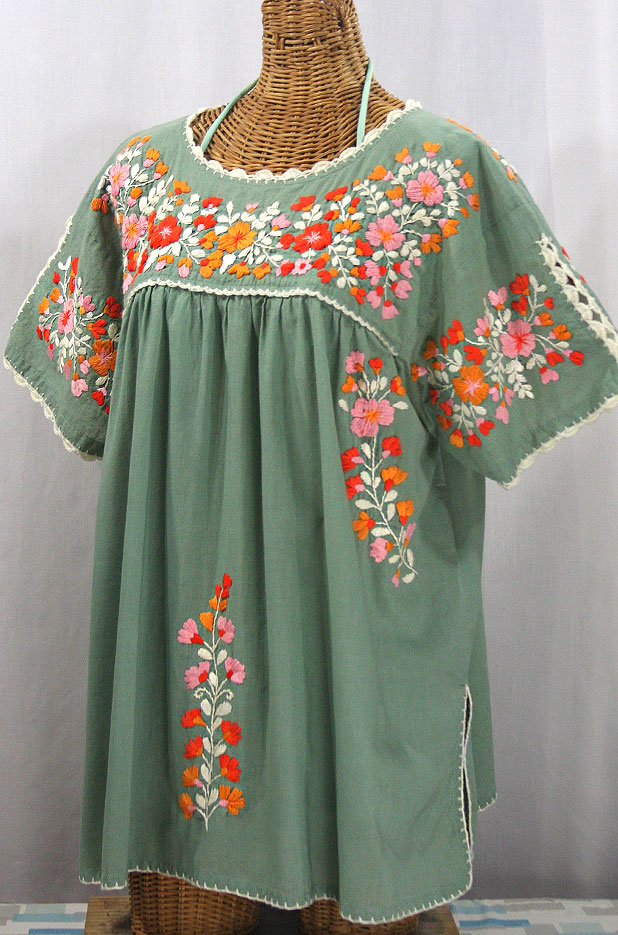 "Lijera Libre" Plus Size Embroidered Mexican Blouse - Sage Green + Orange Mix