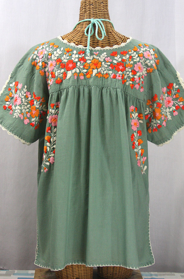 "Lijera Libre" Plus Size Embroidered Mexican Blouse - Sage Green + Orange Mix