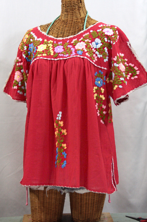 "Lijera Libre" Plus Size Embroidered Mexican Peasant Top -Tomato Red + Multi