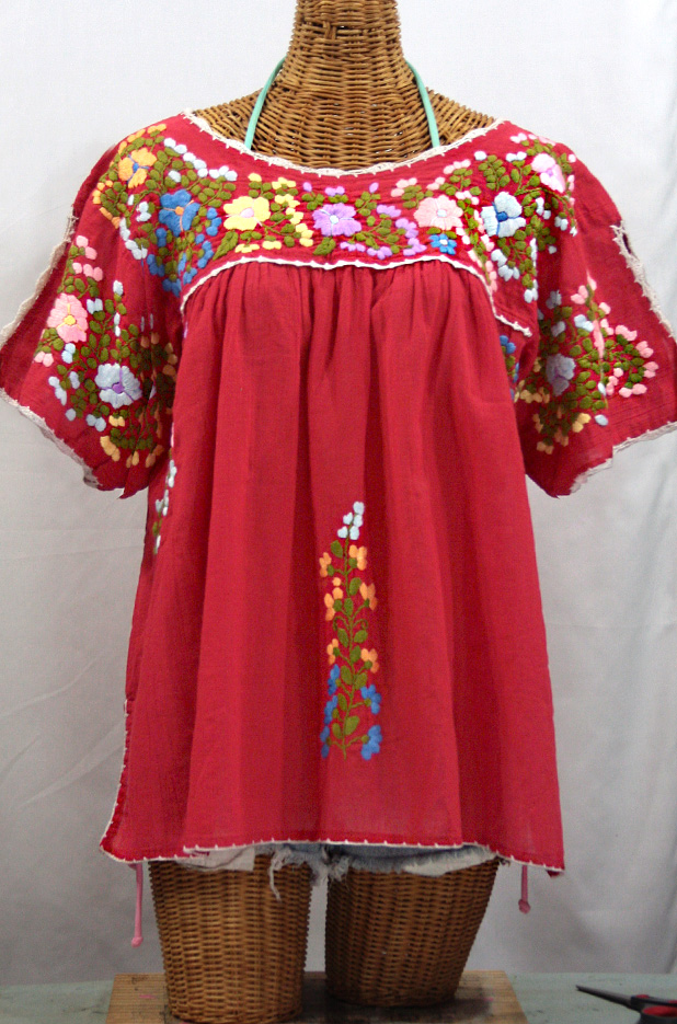 "Lijera Libre" Plus Size Embroidered Mexican Peasant Top -Tomato Red + Multi