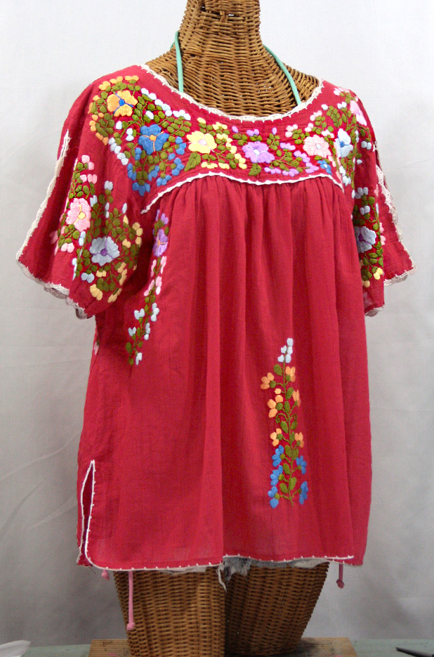 "Lijera Libre" Plus Size Embroidered Mexican Peasant Top -Tomato Red + Multi