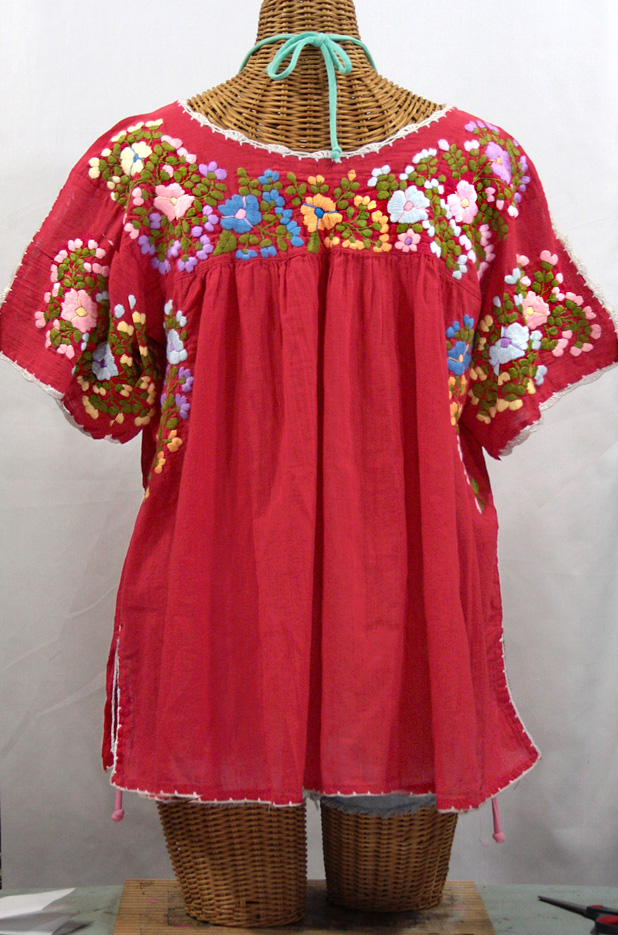 "Lijera Libre" Plus Size Embroidered Mexican Peasant Top -Tomato Red + Multi