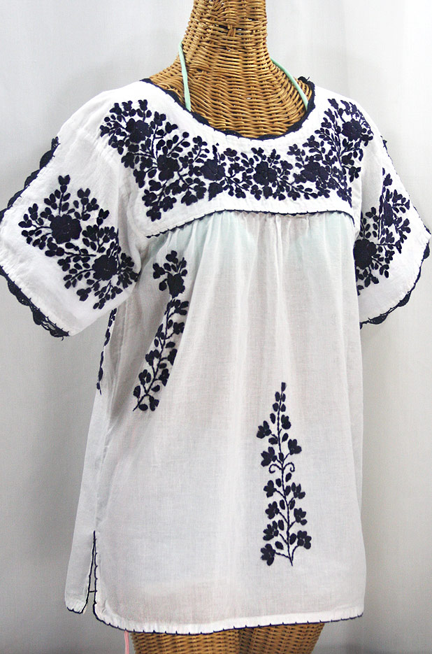 "Lijera Libre" Plus Size Embroidered Mexican Blouse - White + Navy