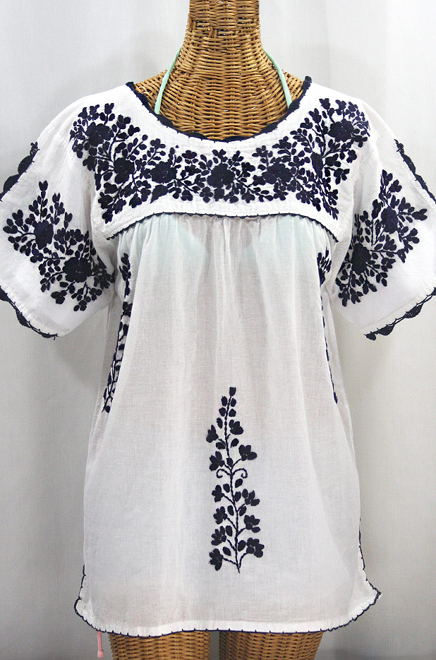 "Lijera Libre" Plus Size Embroidered Mexican Blouse - White + Navy