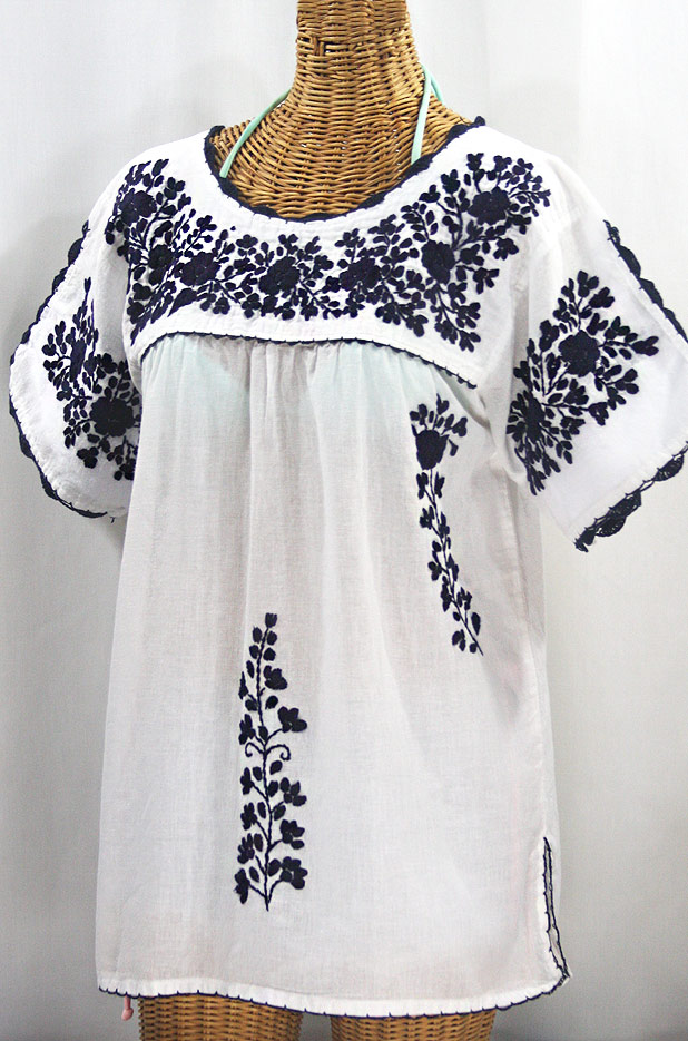 "Lijera Libre" Plus Size Embroidered Mexican Blouse - White + Navy