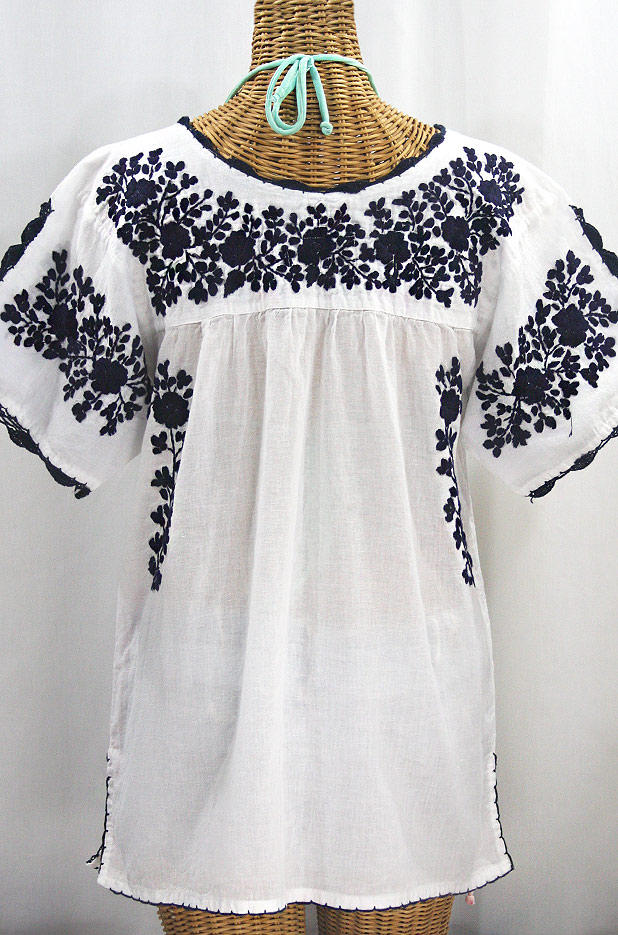 "Lijera Libre" Plus Size Embroidered Mexican Blouse - White + Navy