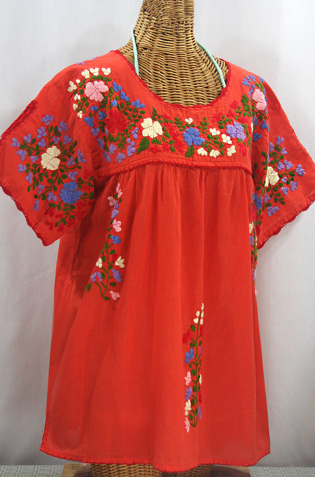 "Lijera Libre" Plus Size Embroidered Mexican Blouse - Orange + Multi