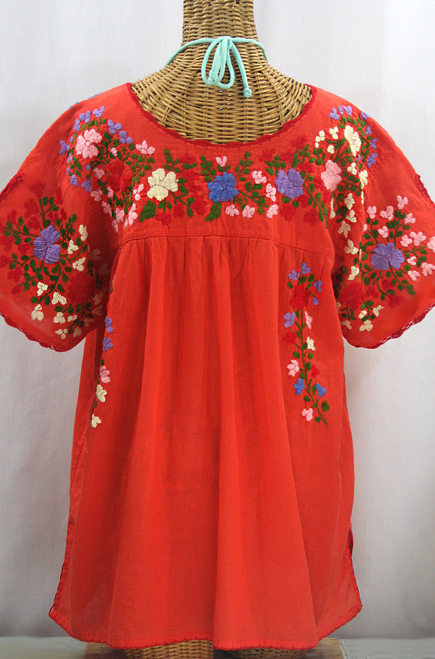 "Lijera Libre" Plus Size Embroidered Mexican Blouse - Orange + Multi