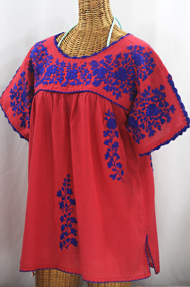 "Lijera Libre" Plus Size Embroidered Mexican Blouse - Tomato Red + Blue