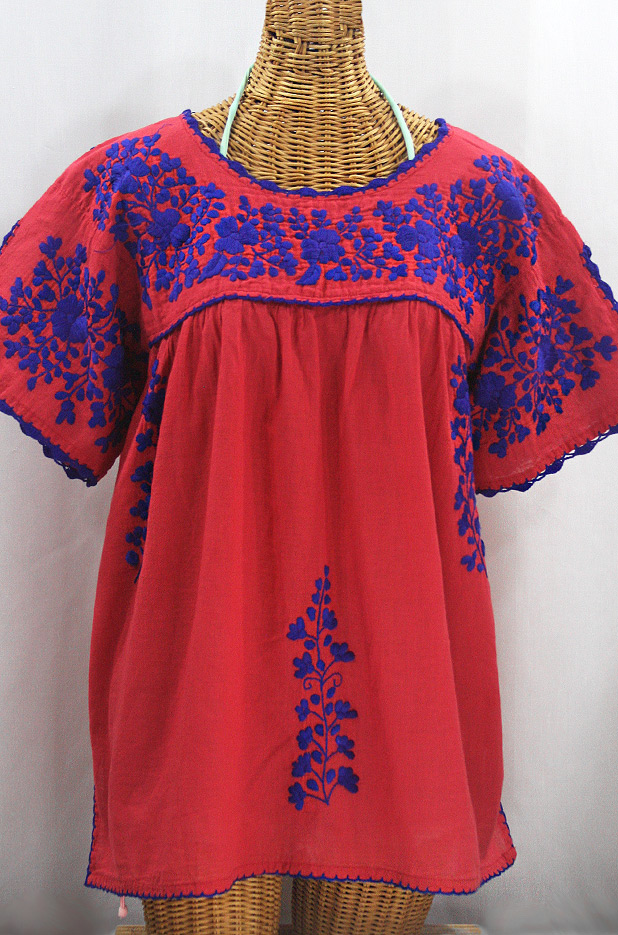 FINAL SALE -- "Lijera Libre" Plus Size Embroidered Mexican Blouse - Tomato Red + Blue