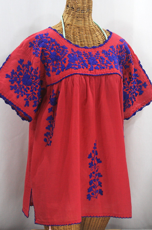 FINAL SALE -- "Lijera Libre" Plus Size Embroidered Mexican Blouse - Tomato Red + Blue