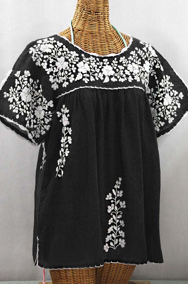 "Lijera Libre" Plus Size Embroidered Mexican Blouse - Black + White