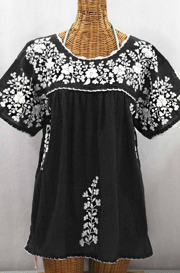 "Lijera Libre" Plus Size Embroidered Mexican Blouse - Black + White