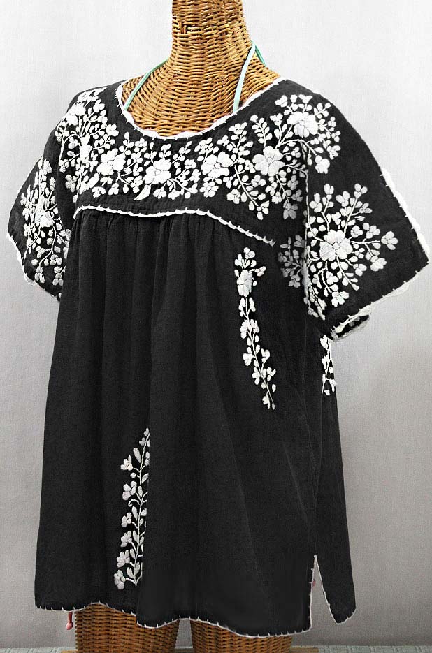 "Lijera Libre" Plus Size Embroidered Mexican Blouse - Black + White