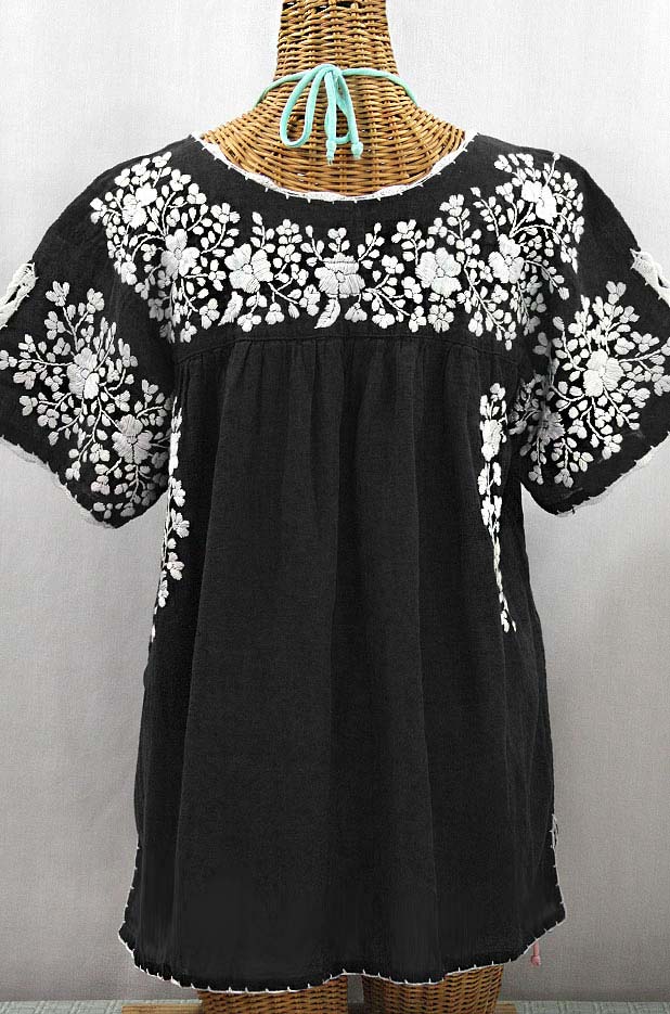 "Lijera Libre" Plus Size Embroidered Mexican Blouse - Black + White