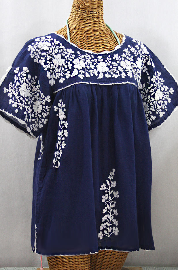 "Lijera Libre" Plus Size Embroidered Mexican Blouse - Denim + White