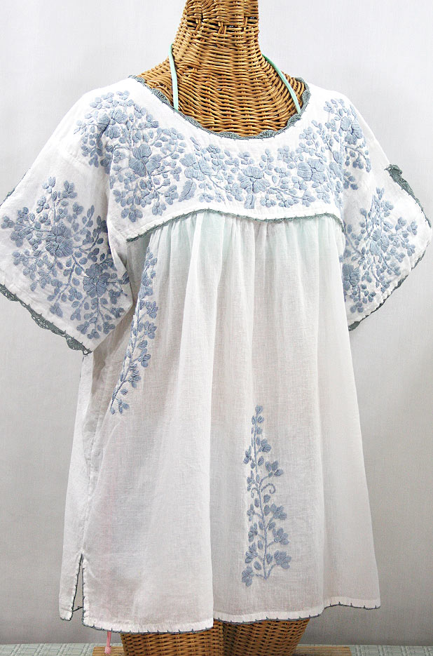 "Lijera Libre" Plus Size Embroidered Mexican Blouse - White + Grey