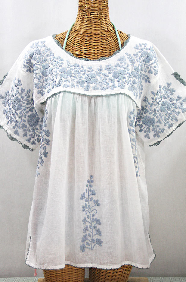 "Lijera Libre" Plus Size Embroidered Mexican Blouse - White + Grey