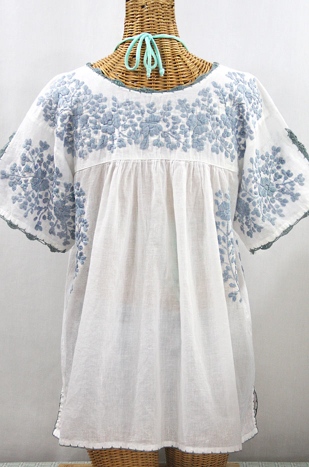 "Lijera Libre" Plus Size Embroidered Mexican Blouse - White + Grey