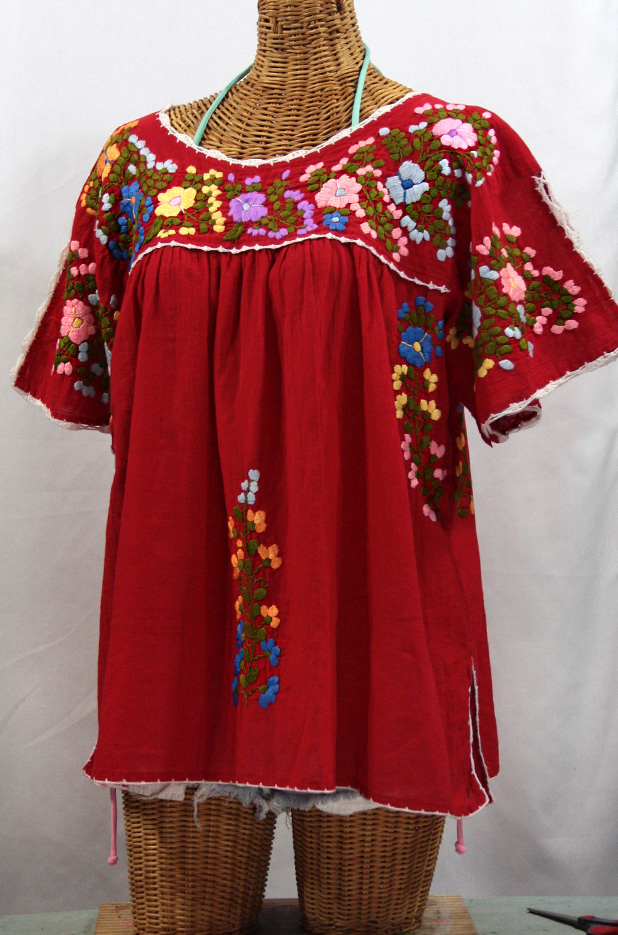 "Lijera Libre" Plus Size Embroidered Peasant Top -Red