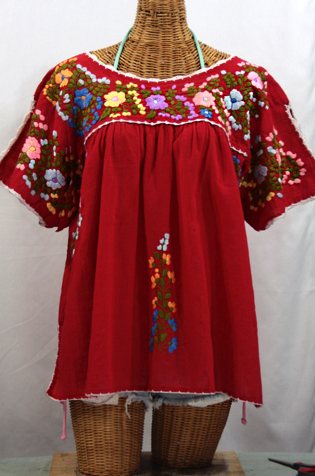 "Lijera Libre" Plus Size Embroidered Peasant Top -Red