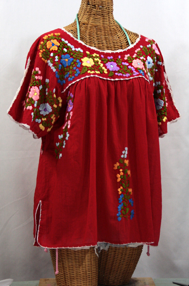 "Lijera Libre" Plus Size Embroidered Peasant Top -Red