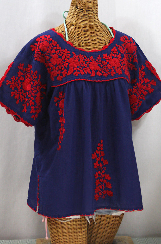 "Lijera Libre" Plus Size Embroidered Mexican Blouse - Denim + Red