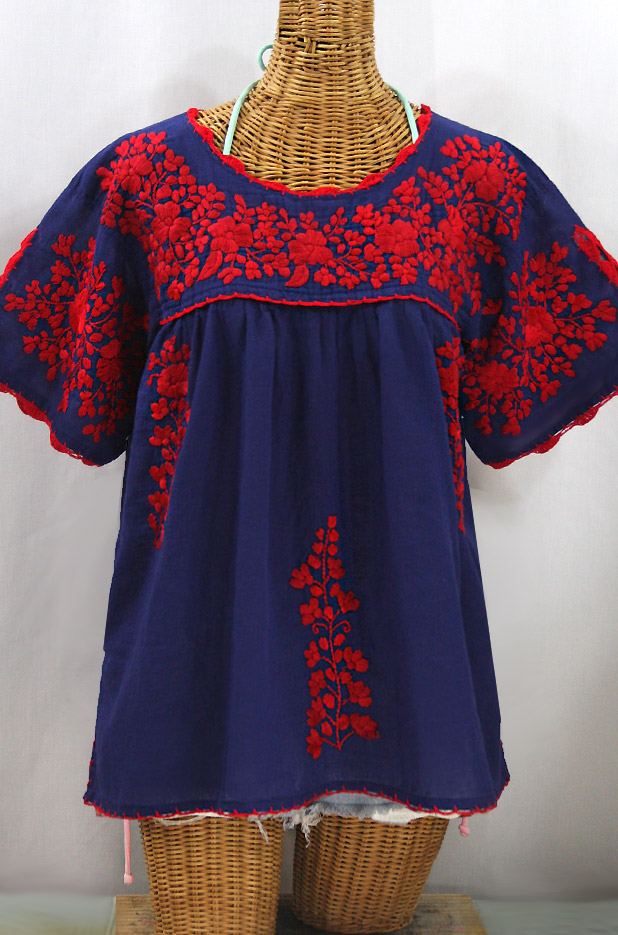 "Lijera Libre" Plus Size Embroidered Mexican Blouse - Denim + Red