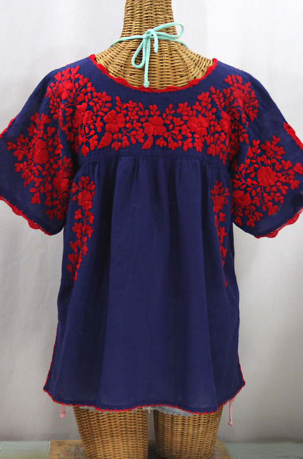 "Lijera Libre" Plus Size Embroidered Mexican Blouse - Denim + Red