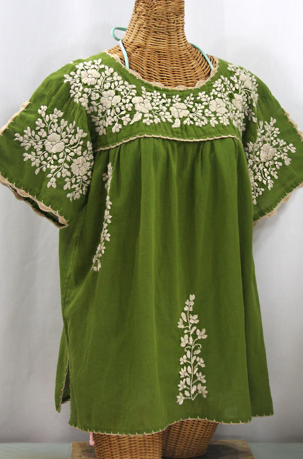 "Lijera Libre" Plus Size Embroidered Mexican Blouse - Fern Green + Cream