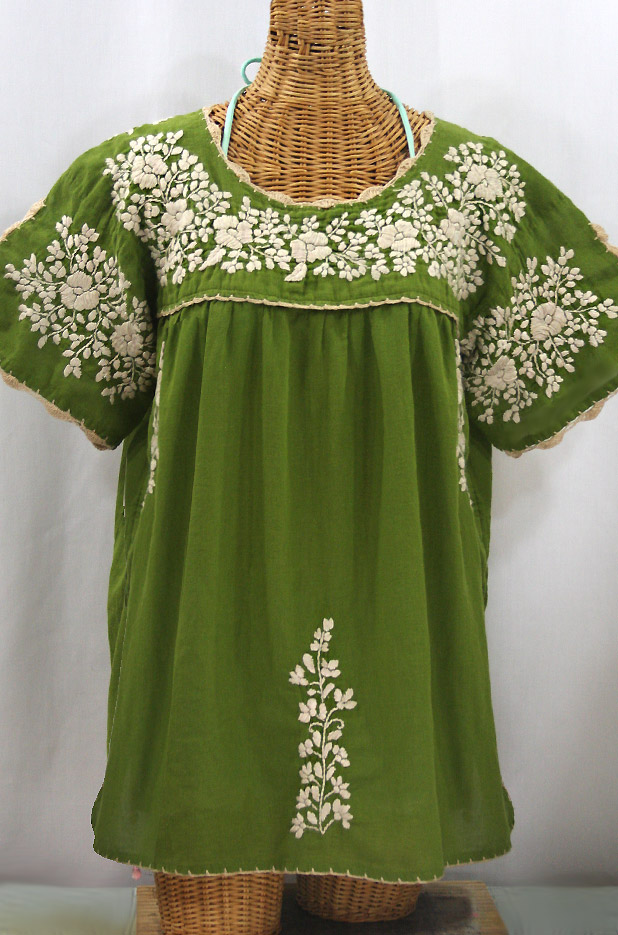 "Lijera Libre" Plus Size Embroidered Mexican Blouse - Fern Green + Cream