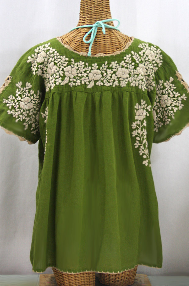 "Lijera Libre" Plus Size Embroidered Mexican Blouse - Fern Green + Cream