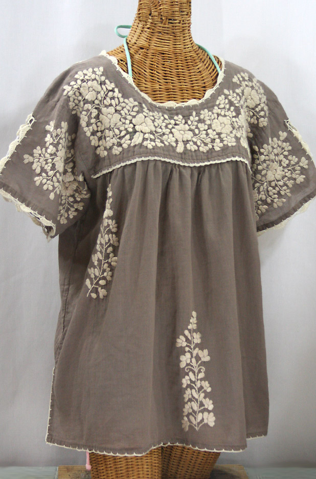 "Lijera Libre" Plus Size Embroidered Mexican Blouse - Fog Grey + Cream