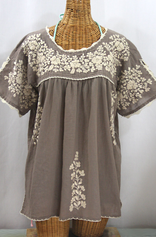 "Lijera Libre" Plus Size Embroidered Mexican Blouse - Fog Grey + Cream