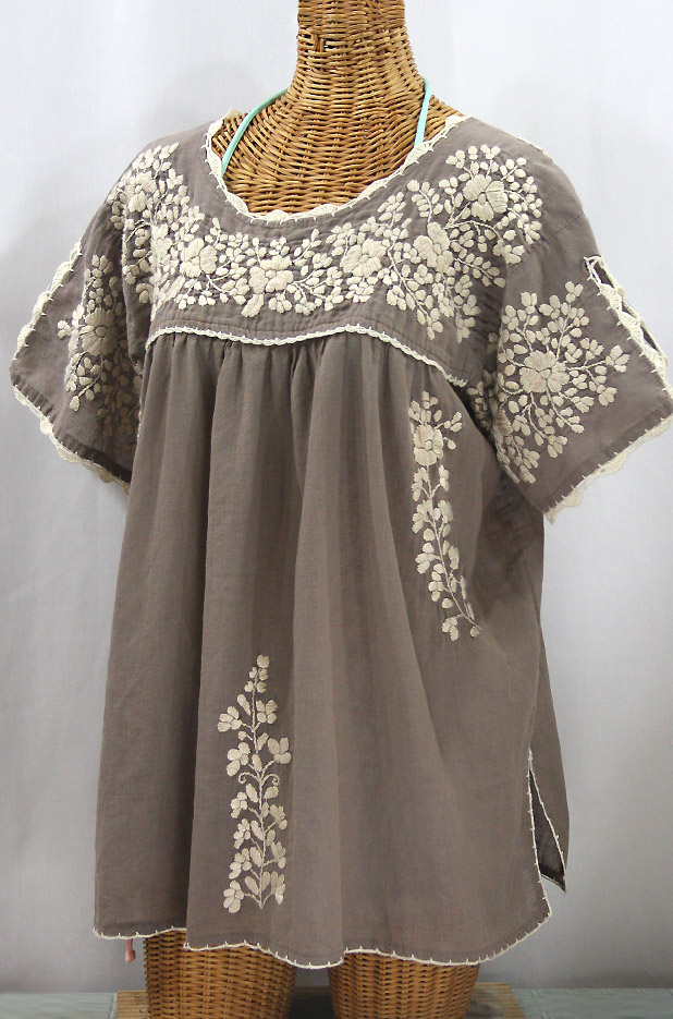 "Lijera Libre" Plus Size Embroidered Mexican Blouse - Fog Grey + Cream