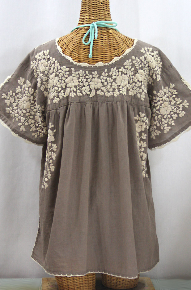 "Lijera Libre" Plus Size Embroidered Mexican Blouse - Fog Grey + Cream