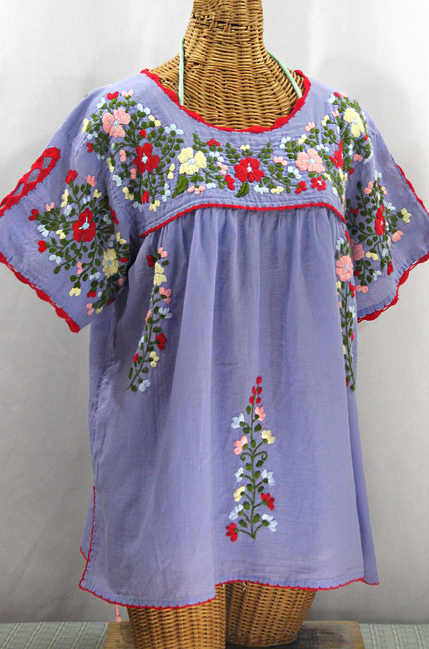 "Lijera Libre" Plus Size Embroidered Mexican Blouse - Periwinkle + Multi