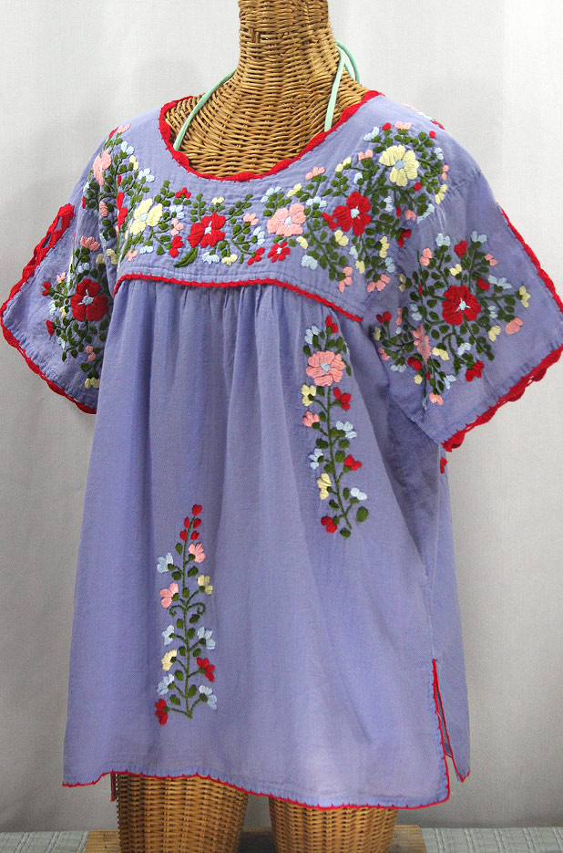 "Lijera Libre" Plus Size Embroidered Mexican Blouse - Periwinkle + Multi