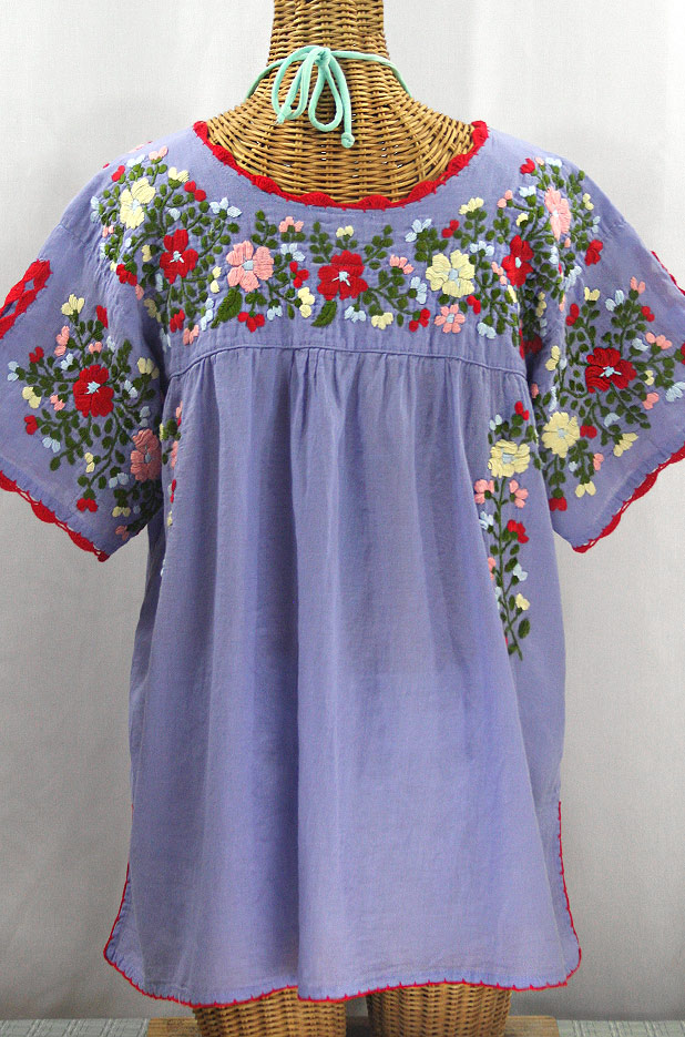 "Lijera Libre" Plus Size Embroidered Mexican Blouse - Periwinkle + Multi