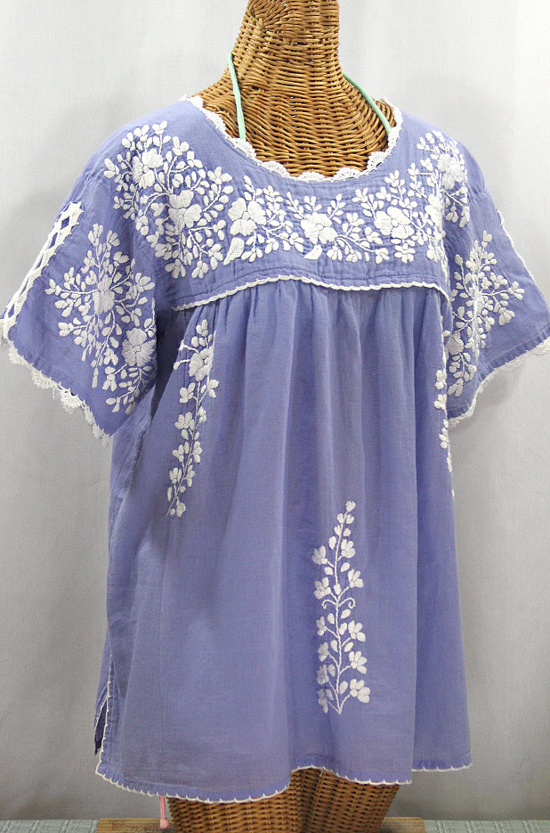 "Lijera Libre" Plus Size Embroidered Mexican Blouse - Periwinkle + White